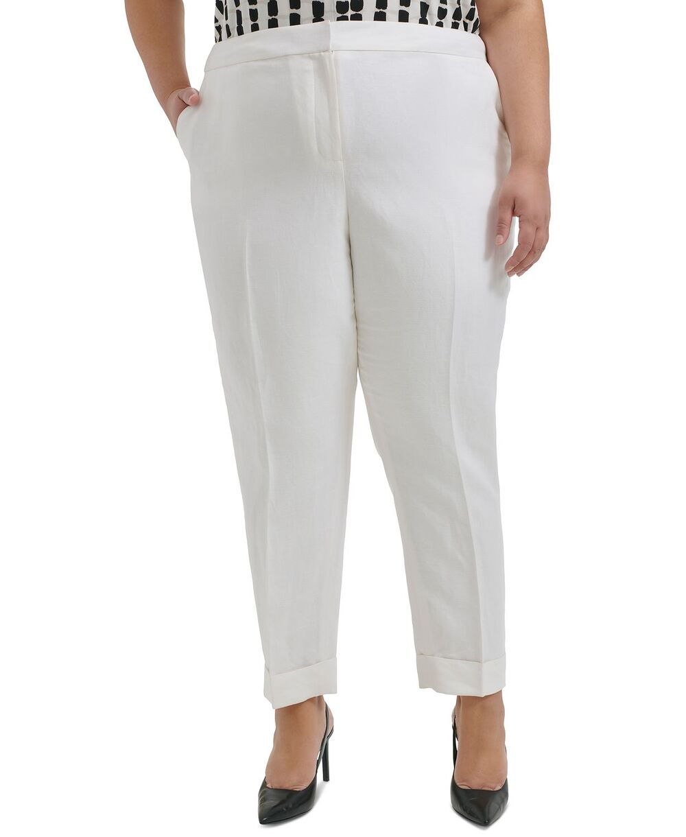 NEW Calvin Klein Mid-Rise Linen Blend Cuffed Ankle Pants White Plus Size 22W
